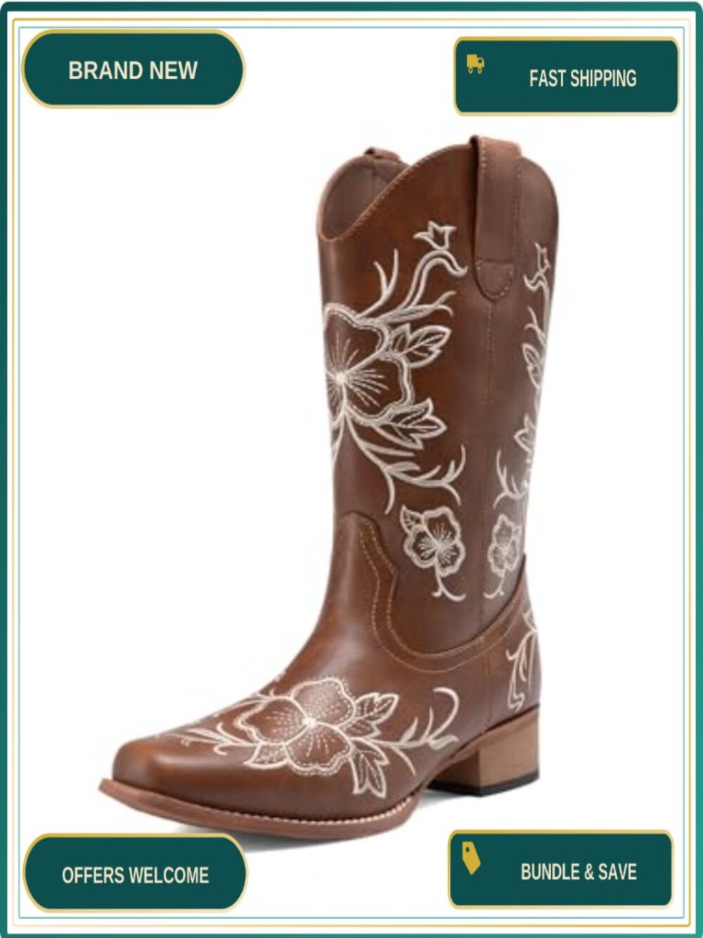 Women's Western Faux Leather Mid-Calf Cowboy Boots with Floral Embroidery